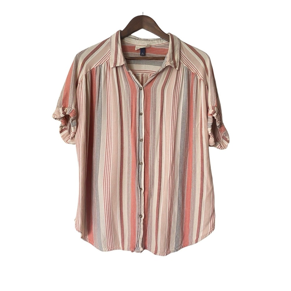 Universal Thread Women Button Down Shirt XXL Pink Blue Striped Cotton Top